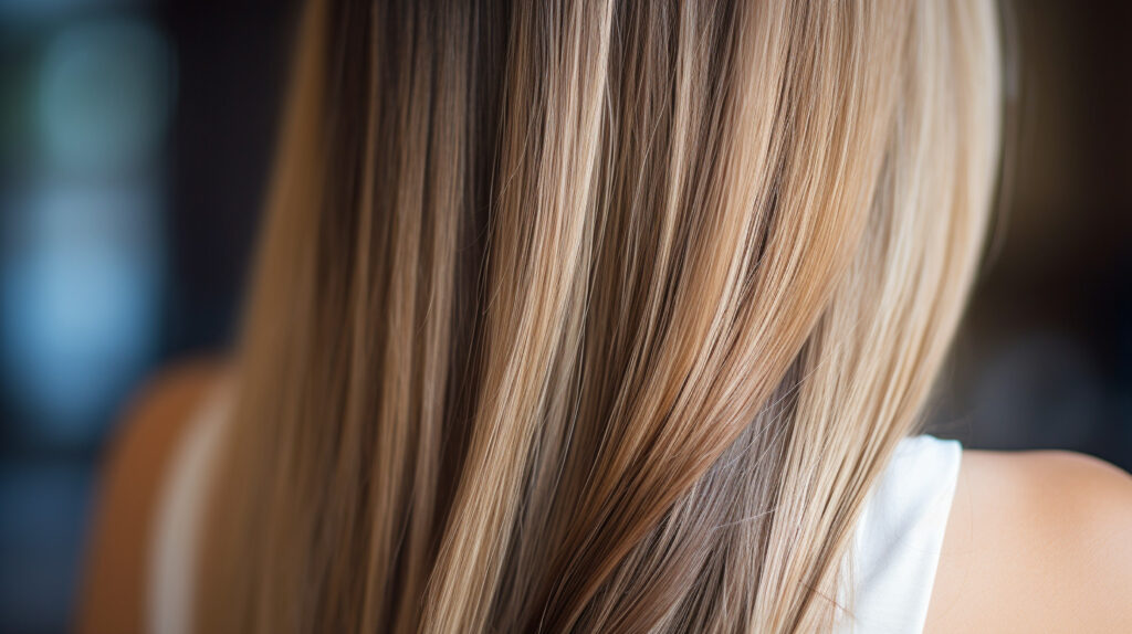 Haarwerk Fuchs in Duebendorf Straehnchen blond rueckenansicht